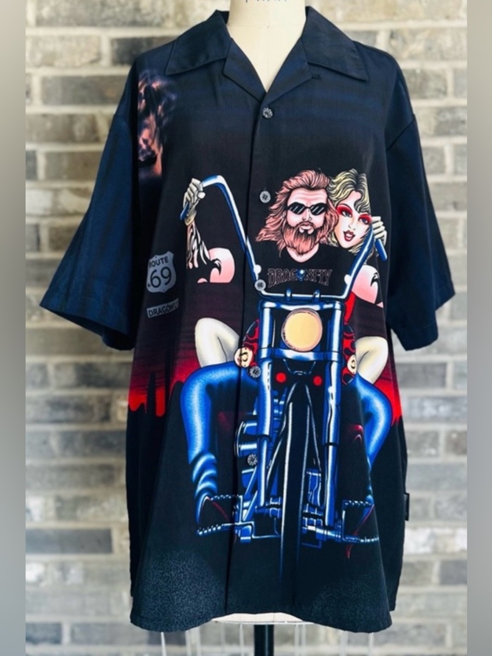Dragonfly Route 69 Motorcycle Shirt Biker Pinup All Over Print Button Up M
